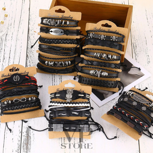 Vintage leather weaving men's bracelet set