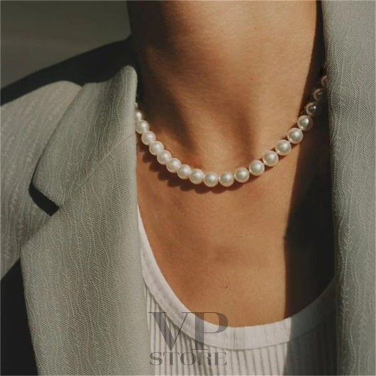 Simple choker necklace with white pearl chain