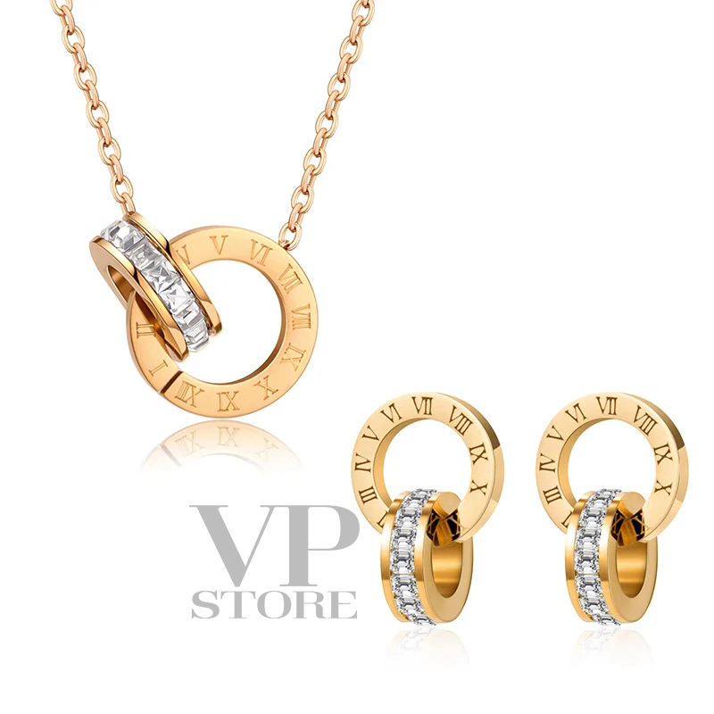 Classic Stainless Steel Necklace, Bracelet, and Earrings with Roman Numerals and Crystal