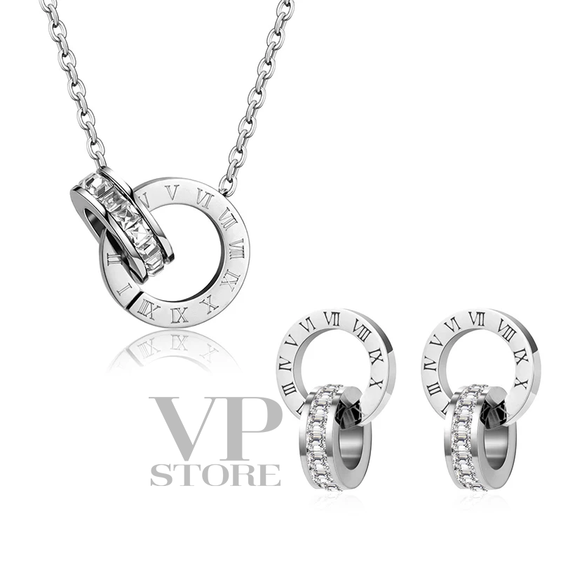 Classic Stainless Steel Necklace, Bracelet, and Earrings with Roman Numerals and Crystal